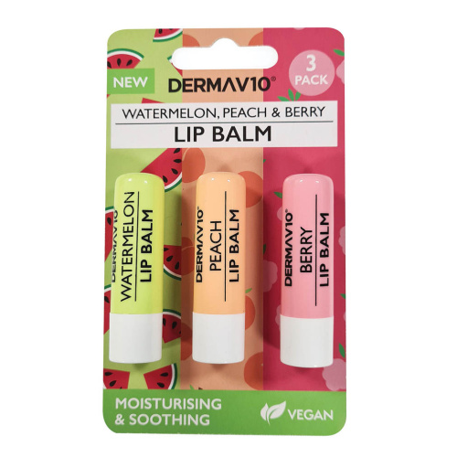 Derma V10 Triple Pack Lip Balm Watermelon, Peach, Berry