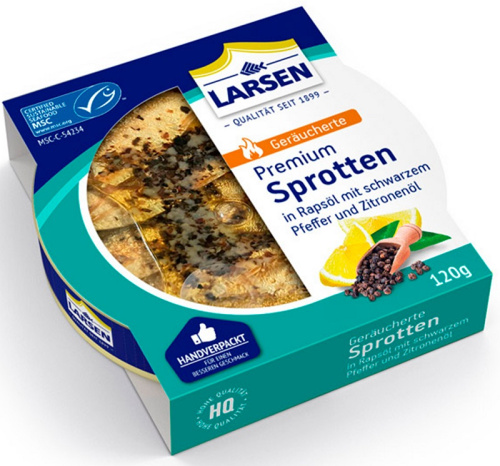 Larsen Smoked sprats in black pepper-lemon oil 120g MSC