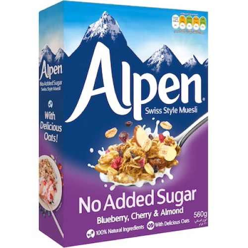 Alpen müesli blueberry-cherry-mandel no added sugar 560g