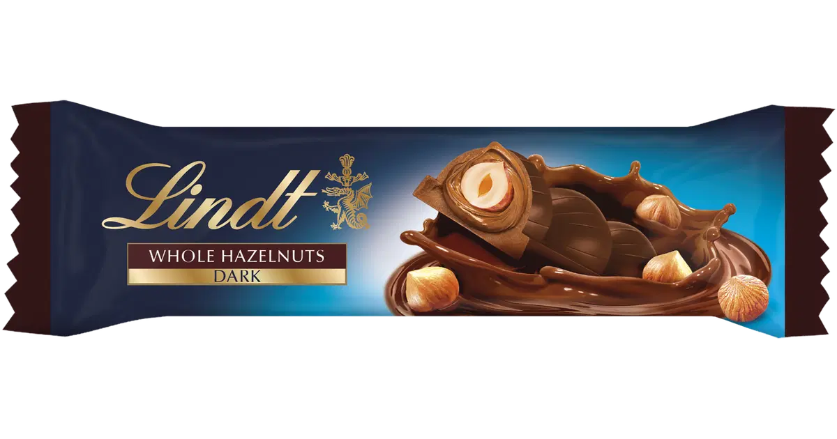 Lindt tummasuklaapatukka hasselpähkinätäytteellä ja kokonaisilla hasselpähkinöillä 35g