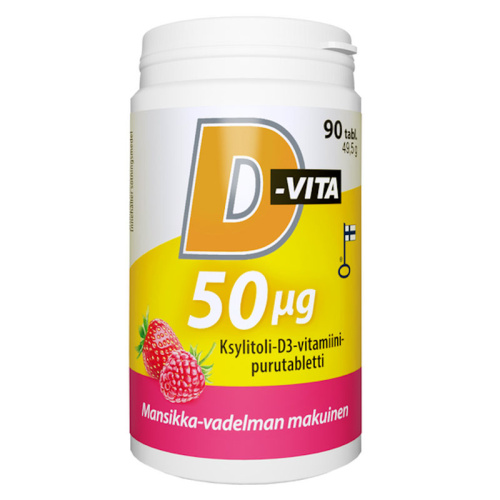 Vitabalans D-Vita 50 µg strawberry-raspberry flavour 90 tablets xylitol-vitamin D3 chewable tablets