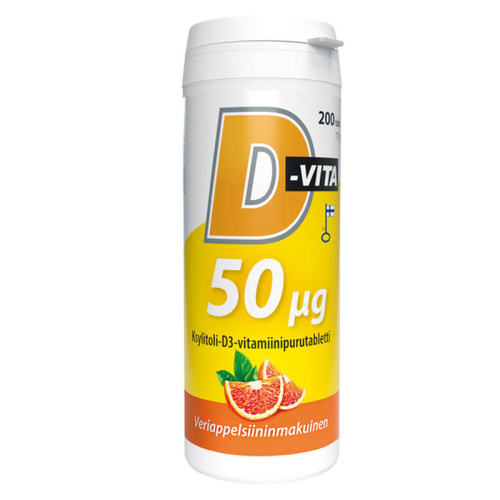 Vitabalans D-Vita 50 µg blood orange flavoured 200 tablets xylitol-vitamin D3 chewable tablets