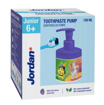 Jordan Junior 6+-vuotiaiden lasten hammastahna pumppupullo Mieto hedelmäinen maku 150ml