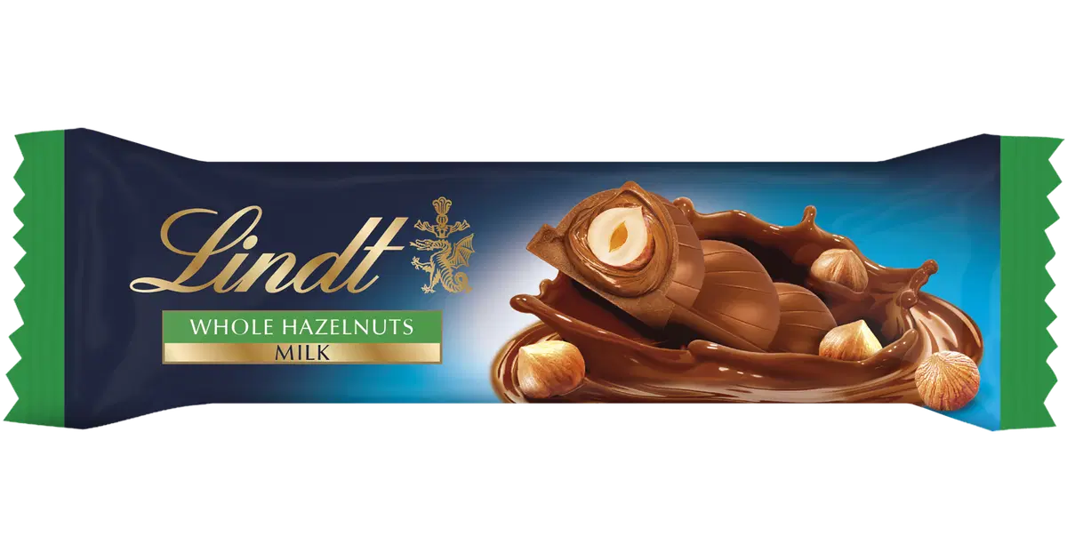Lindt maitosuklaapatukka hasselpähkinätäytteellä ja kokonaisilla hasselpähkinöillä 35g