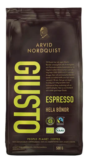 ARVID NORDQUIST Espresso Giusto Fair Trade Organic Whole Beans 500g